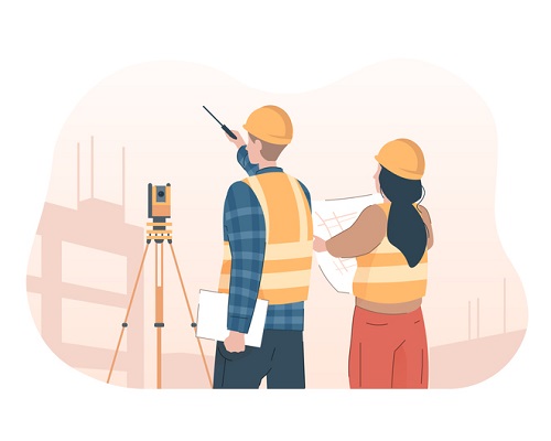 Surveyor engineer with theodolite looking at construction site