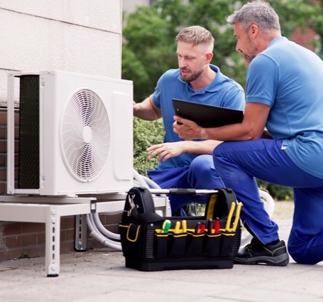 Thumbnail of two technicians inspecting an air conditioning unit outside a residential house